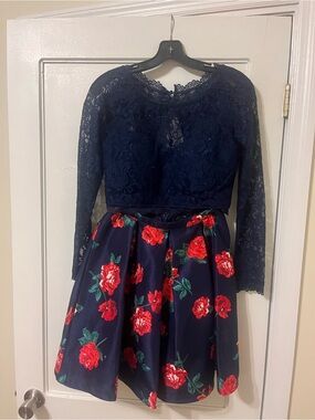 Sequin Hearts Navy Lace Top with Red Rose Print Skirt 2 piece Dress